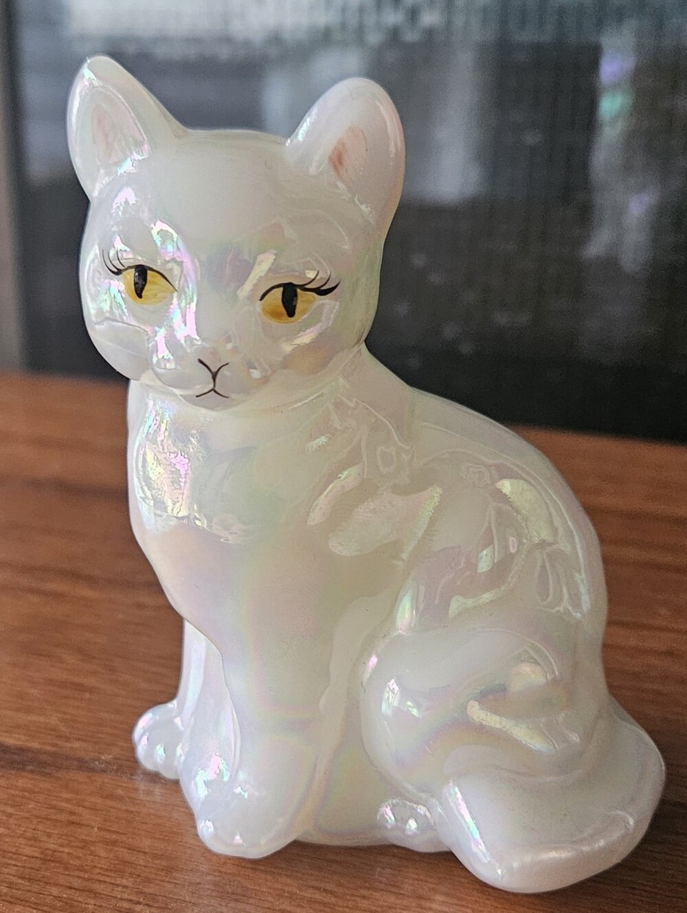 Fenton Glass ~ Opal Iridized Sitting Cat ~ Hand Painted Face ~ Signed P. Lane.